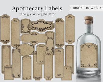 Blank Apothecary Label, Potion Labels Rectangle Digital Printable Miniature Gothic Ornamental Grimoire Herbs Witchcraft Wizard Tags Frames