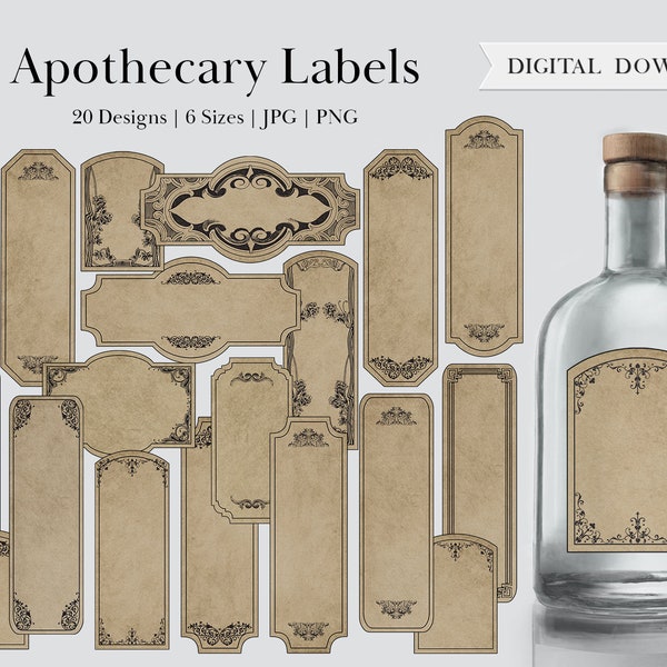 Blank Apothecary Label, Potion Labels Rectangle Digital Printable Miniature Gothic Ornamental Grimoire Herbs Witchcraft Wizard Tags Frames