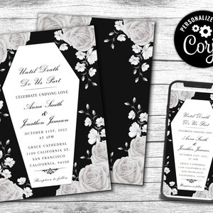 Invitation de cercueil de mariage modifiable, modèle Corjl personnalisable numérique gothique rustique jusqu’à la mort nous sépare Élégantes roses blanches invitent
