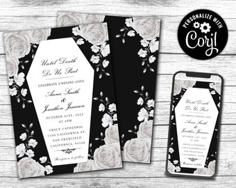 Editable Wedding Coffin Invitation, Digital Customizable Corjl Template Rustic Gothic Until Death Do Us Part Elegant White Roses Invite