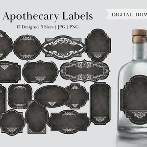 Puede incluir: Un conjunto de 15 etiquetas de boticario imprimibles en 5 tamaños. Las etiquetas son negras con diseños blancos ornamentados y son perfectas para agregar un toque vintage a tus proyectos. Las etiquetas son descargas digitales y vienen en formatos JPG y PNG.