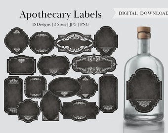Black & White Apothecary Label, Potion Labels Round Blank Digital Printable Miniature Gothic Herbs Bottle Jar Wizard Tags Frames