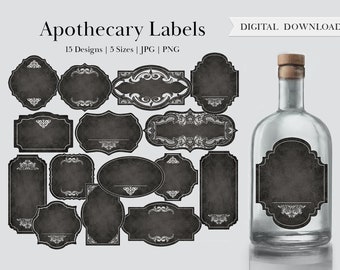 Black & White Apothecary Labels, Vintage Blank Potion Labels for Bottles, Chalkboard, Printable Digital Gothic Herb Jar DnD Junk Journals