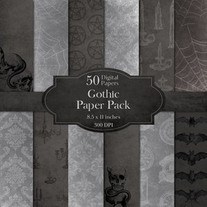 Op de afbeelding: Een set van 50 digitale gothic papierontwerpen in zwart en grijs met verschillende patronen, waaronder spinnenwebben, schedels, vleermuizen en kaarsen. De papieren zijn 8,5 x 11 inch en 300 DPI.