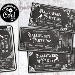 Edytowalne czarno-białe zaproszenia na Halloween, cyfrowy drukowany, dostosowywany szablon biletu Corjl Vintage Gothic Adult Party Holiday Invite