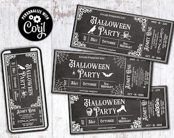 Invitaciones de Halloween editables en blanco y negro, Plantilla de boleto Corjl personalizable imprimible digital Invitación de vacaciones de fiesta para adultos gótico vintage