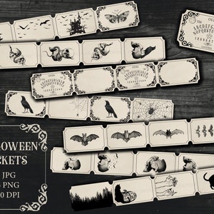 Halloween Tickets, Printable Vintage Gothic Grimoire Junk Journal Kit Scrapbook Ouija Board Skulls Fledermäuse Schwarze Katze Rabe