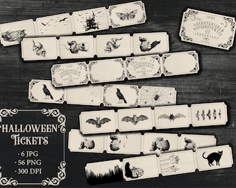 Halloween Tickets, Printable Vintage Gothic Grimoire Junk Journal Kit Scrapbook Ouija Board Skulls Bats Black Cat Raven