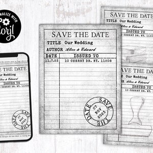 Editierbare Bibliothekskarte Einladung Digital druckbar personalisierbar Corjl Vorlage Vintage Hochzeitseinladung Save the Date Stempel Geburtstagsparty 01