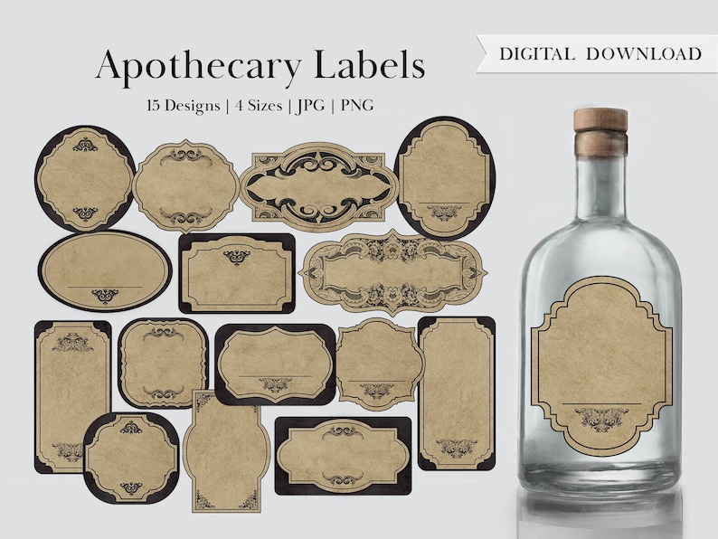May include: A set of 15 printable apothecary labels in 4 sizes. The labels are brown with black ornate designs and are perfect for jars, bottles, and other containers.  The labels are digital downloads and come in JPG and PNG formats.  Apothecary Labels - 15 Designs | 4 Sizes | JPG | PNG