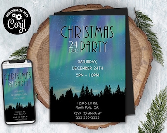 Op de afbeelding: Een zwart-witte kerstfeestuitnodiging met een blauwe en groene aurora borealis-achtergrond. De tekst luidt "Christmas 24th Party" met de datum "December 24th" en de tijd "5PM - 10PM". De uitnodiging bevat ook het adres "12345 Elf Rd. North Pole, CA." en de RSVP-informatie "RSVP to Anna at 555-555-5555".