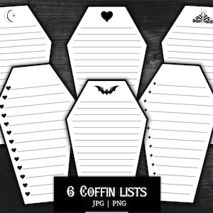Digital Coffin To Do Lists, Gothic List Printable Planner & Journal Material Notes Notepad avec chauves-souris, death moths, Black Hearts, Moon, Stars