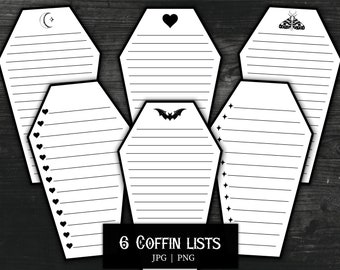 Digital Coffin To Do Lists, Gothic List Printable Planner & Journal Material Notes Notepad with Bats, Death Moths, Black Hearts, Moon, Stars