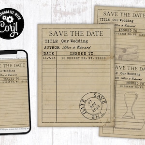 Editable Library Card Invitation Numérique Imprimable Personnalisable Corjl Modèle vintage Invitation de mariage Enregistrer le timbre Date Douche d’anniversaire 06