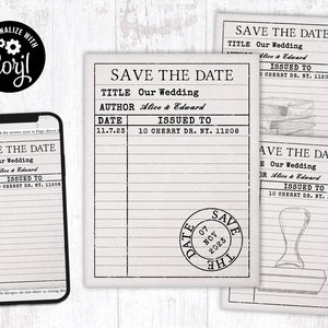 Editierbare Bibliothekskarte Einladung Digital druckbar personalisierbar Corjl Vorlage Vintage Hochzeitseinladung Save the Date Stempel Geburtstagsparty 03
