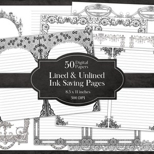 Lined & Unlined Ink Saving Journal Pages, Blank Editable Printable Paper Vintage Ephemera Grimoire Spell Book Witchcraft Wicca Gothic Poe