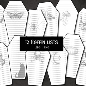 Digital Coffin Lists, Gothic To Do List Printable Planner & Journal Material Notes Notepad with Mushrooms, Bats, Death Moths, Black Cats