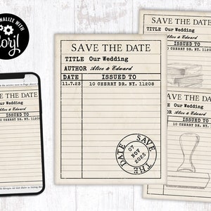 Editable Library Card Invitation Numérique Imprimable Personnalisable Corjl Modèle vintage Invitation de mariage Enregistrer le cachet Date Douche d’anniversaire 02