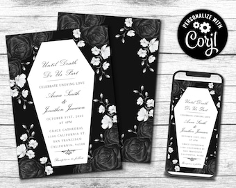 Editable Wedding Coffin Invitation, Digital Customizable Corjl Template Rustic Gothic Until Death Do Us Part Elegant Black Roses Invite