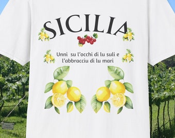 Koszulka Sicilia dla miłośników Sycylii, zeist cytrynowy, letnia koszulka, cytryna, Włochy, sycylijskie słowa