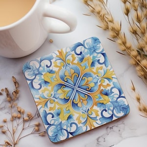 Sicilian Tile Coaster Set: Blue Maiolica Design, Cork Backed, Set of 4