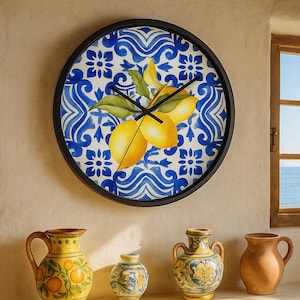 Mediterranean Wall Clock with Lemon Print, Sicilian Amalfi Lovers - Unique Home Decor, Kitchen Clock, Italian Gift, Blue Pattern Clock,