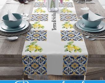 Sicilian Tile Table Runner: Lemon Decor, Italian Design kitchen cloth, dinner, Mediterranean holidays