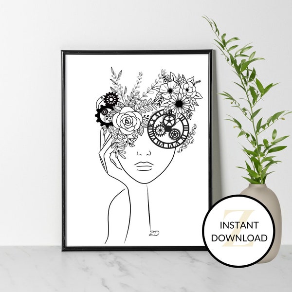 Steam Punk, line drawing woman, printable black and white  Line Art, Woman face, Body,Woman, Line Art