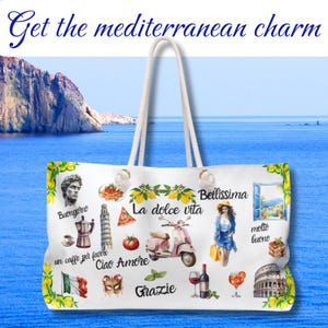 Italian Vibes Weekender Bag: Vespa, Lemons, Coliseum - Travel Tote
