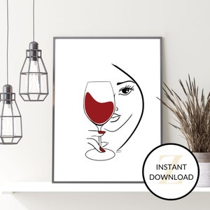 Weinliebhaber, Weinglas, Glas Wein Druck, Rotwein Poster, Frau trinkt Wein, Alkohol Line Print