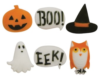 Halloween Sugar Toppers (12) Pack,Halloween,Cupcakes,Treats,Boo,Pumpin,Ghost,Witch,Owl,Green,Orange