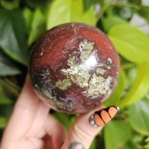 Mystic Bloodstone Natural Crystal Sphere, Dragon Blood Polished Crystal Ball with Acrylic Stand 386g