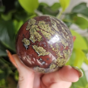 Mystic Bloodstone Natural Crystal Sphere, Dragon Blood Polished Crystal Ball with Acrylic Stand 407g