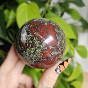 Mystic Bloodstone Natural Crystal Sphere, Dragon Blood Polished Crystal Ball with Acrylic Stand 400g