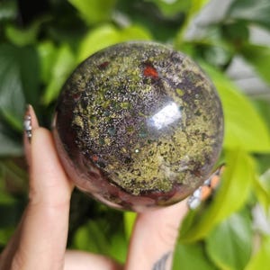 Mystic Bloodstone Natural Crystal Sphere, Dragon Blood Polished Crystal Ball with Acrylic Stand 370g