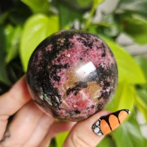 Pink Rhodonite Natural Crystal Sphere, Crystal for Love, Polished Crystal Ball with Acrylic Stand 396g