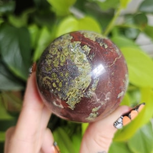 Mystic Bloodstone Natural Crystal Sphere, Dragon Blood Polished Crystal Ball with Acrylic Stand 352g
