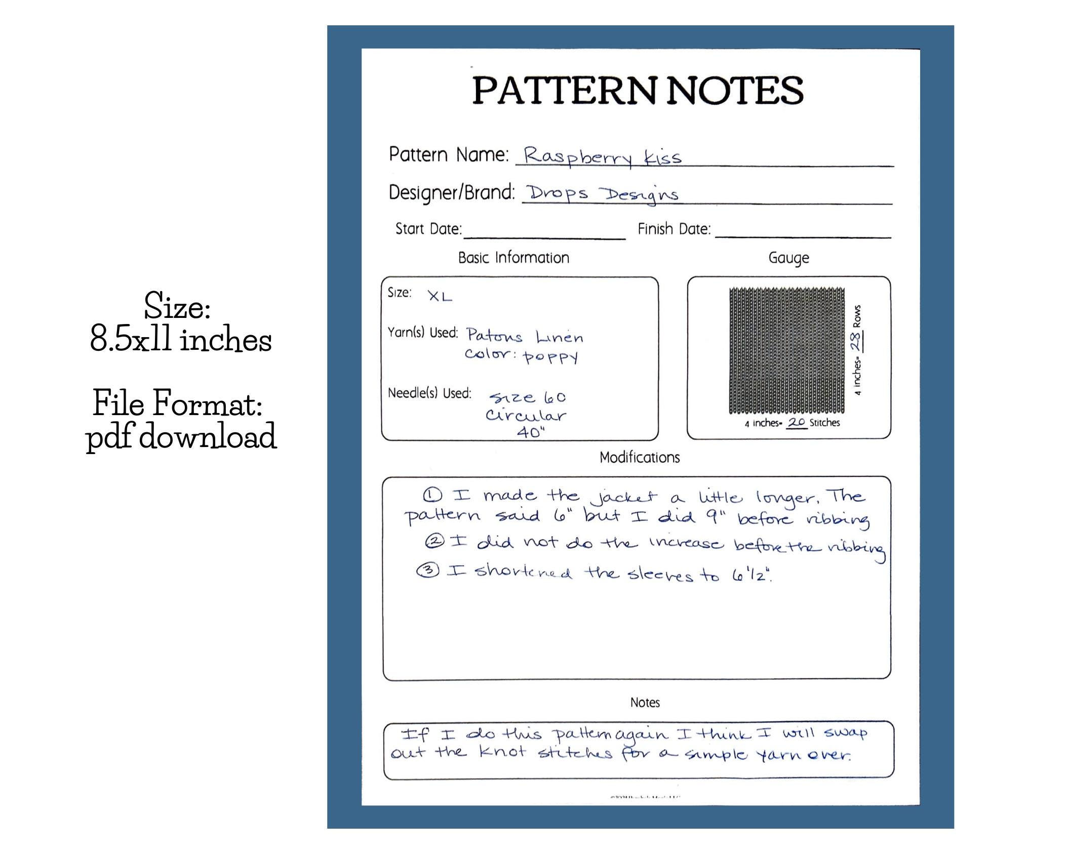 Knitting Pattern Notes Page - Etsy