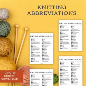 May include: Five printable sheets of knitting abbreviations, each with a white background and black text. The sheets are arranged in a grid pattern on a yellow background. The text on the sheets includes common knitting abbreviations and their definitions. The image also includes balls of yarn and knitting needles.