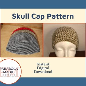 Puede incluir: Un patrón de crochet para una gorra, con el texto "Skull Cap Pattern" y "Instant Digital Download". El patrón está disponible para descarga instantánea. La imagen muestra tres gorras de crochet en diferentes colores, incluyendo gris, beige y rojo.