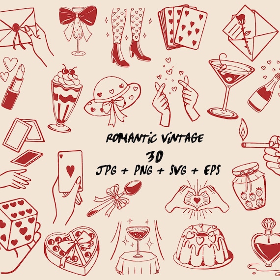 Love Aesthetic Doodle, Valentine’s Day Hand-Drawn Icons, Retro Romance Digital Stickers , vintage wedding elements, romantic digital svg eps