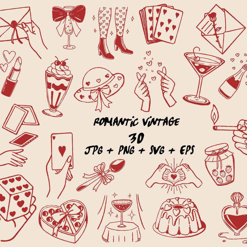 May include: A set of 30 red vintage-style illustrations on a cream background, featuring romantic themes. The illustrations include hearts, playing cards, hands, and desserts. The text "Romantic Vintage" and file type information are also included.