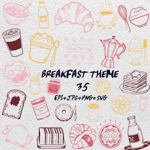 Ícones de café da manhã minimalistas desenhados à mão, clipart de arte de linha de café da manhã, arte de padaria de croissant, ícones de comida e bebida, elementos de menu fofos, SVG EPS