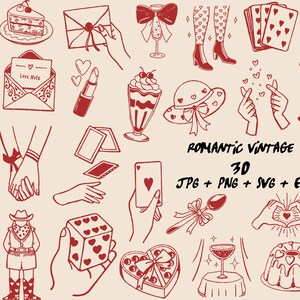 May include: A series of red line art illustrations on a cream background. The drawings include hearts, hands, desserts, playing cards, and the text "Romantic Vintage 3D JPG + PNG + SVG + EPS".