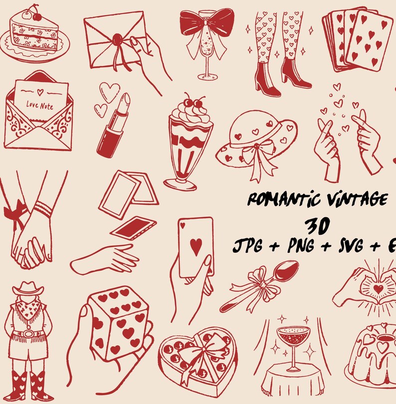 May include: A series of red line art illustrations on a cream background. The drawings include hearts, hands, desserts, playing cards, and the text "Romantic Vintage 3D JPG + PNG + SVG + EPS".