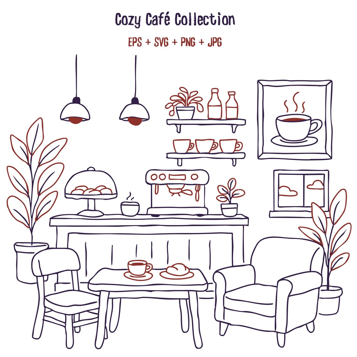 Cozy Cafe Clipart SVG: Hand-drawn Coffee Shop Interior (digital ...