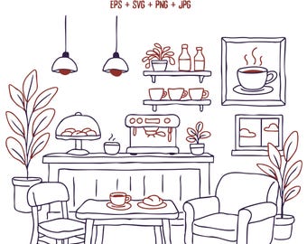 Cafetería acogedora SVG: Interior de cafetería dibujado a mano (descarga digital)