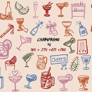 Puede incluir: Un conjunto de 36 ilustraciones dibujadas a mano de copas de champán, botellas y otros artículos relacionados. Las ilustraciones son de varios colores, incluyendo rojo, azul, verde y amarillo. El texto "Champagne 36" y "Cheers!" también se incluye en la imagen.