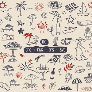 Beach Vacation SVG PNG, Summer Vibes Clipart , Hand Drawn Tropical , beach vacation svg , Summer Holiday , Coastal Doodles doodles