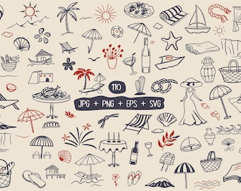 Beach Vacation SVG PNG, Summer Vibes Clipart , Hand Drawn Tropical , beach vacation svg , Summer Holiday , Coastal Doodles doodles